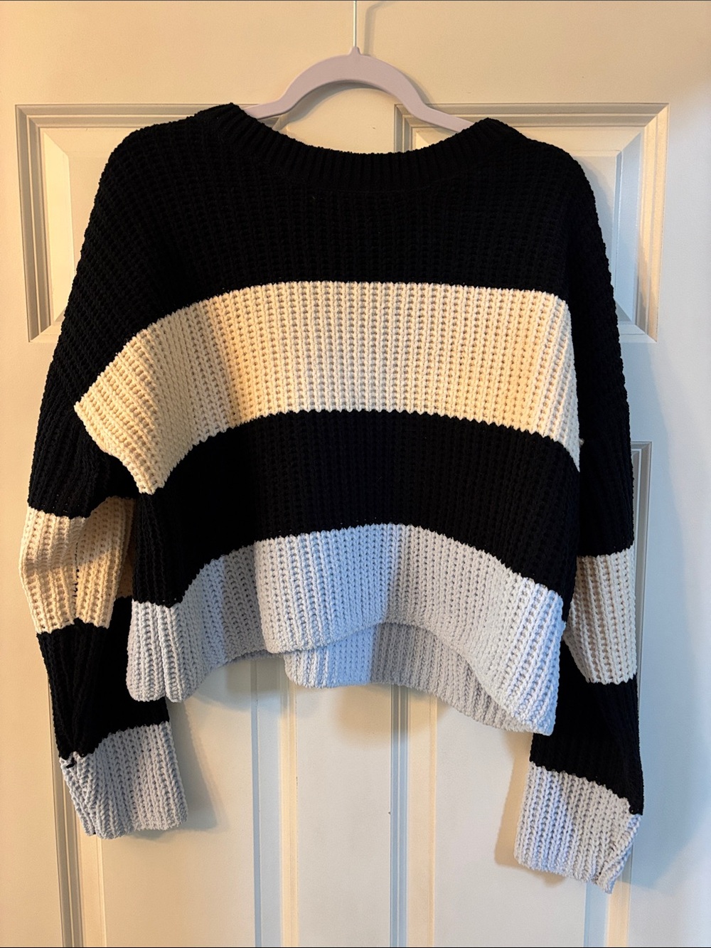 Striped Black and Cream Cropped Crewneck Sweater